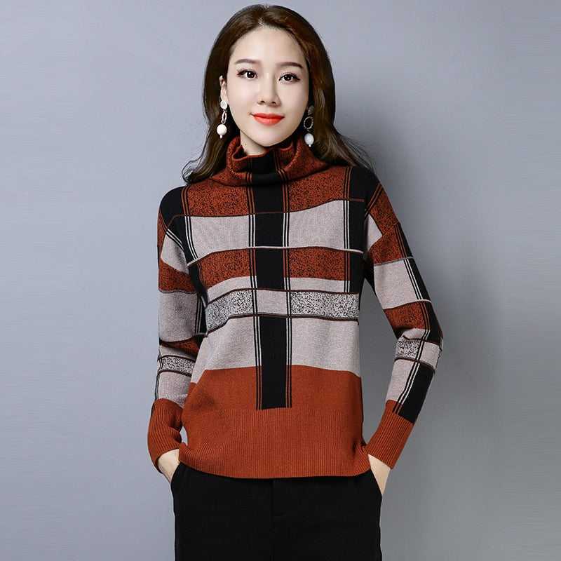 Suéter de cuello alto a cuadros Vintage para mujer, suéter elegante de Color contrastante para otoño e invierno, jerséis de punto, suéter de golf