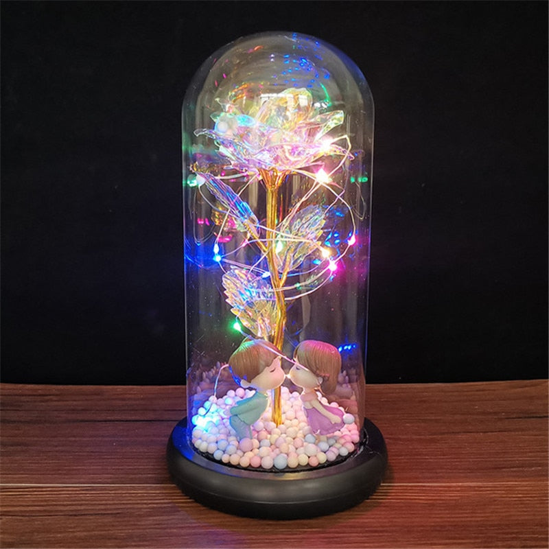 LED Enchanted Galaxy Rose Eternal 24K Gold Foil Flower con cadena de luces en cúpula para decoración del hogar Navidad regalo del Día de San Valentín