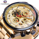 Forsining Mens Automatic Watch Blue Steel Band Calendar 3 Sub Dial Wristwatch Mechanical Waterproof Male Clock Relogio Masculino