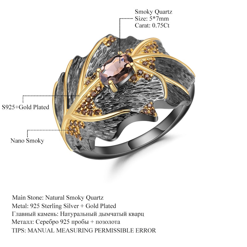 GEM'S BALLET 0.75Ct Cuarzo ahumado natural 925 Anillos hechos a mano de plata esterlina para mujeres Bijoux Georgia O'keeffe Anillo de hoja NUEVO