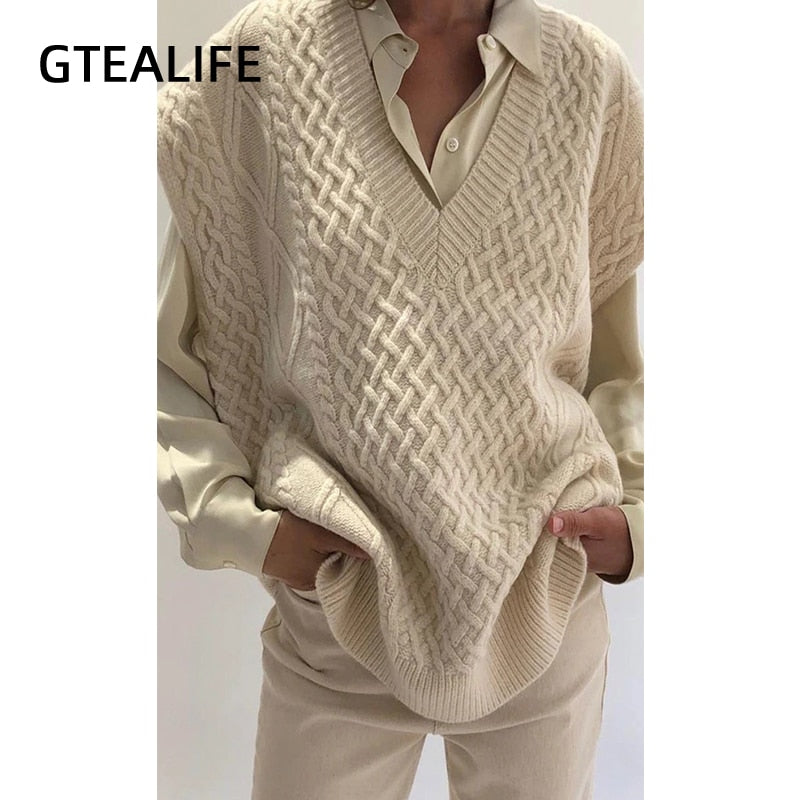 Gtealife, chaleco para mujer, suéter de punto con cuello en V de estilo combinable con todo, suéter de ocio para estudiantes sin mangas, chaleco Vintage para mujer