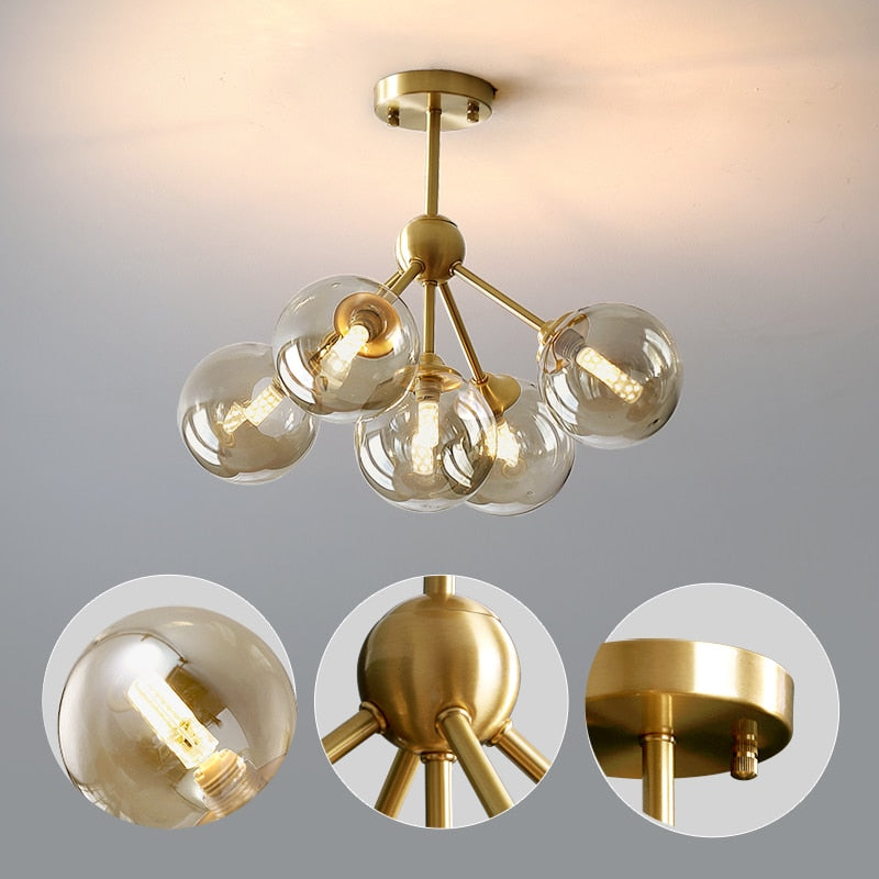 Candelabro LED de cobre moderno, iluminación de cristal para comedor, dormitorio, bola de cristal de coñac, restaurante, lámpara colgante nórdica para sala de estar