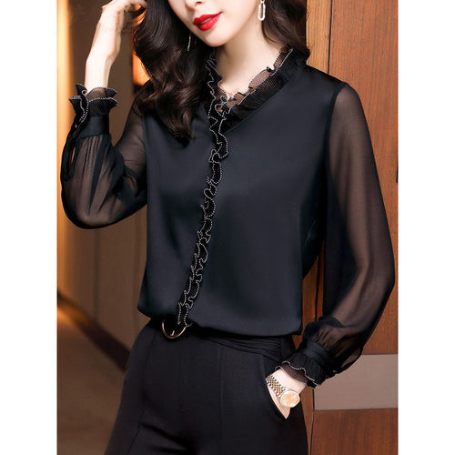 Spitzenrüschen Chiffonhemden Damenbekleidung 2023 Herbst Winter Neue Office Lady Langarm Pullover Vintage Elegante Bluse 4XL