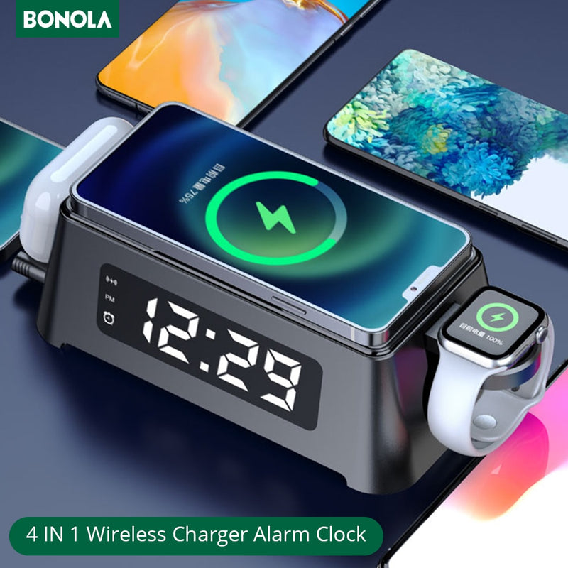 Bonola 15W Qi Despertador Cargador inalámbrico Pad para Apple/iPhone 12 11 XS XR 8 Plus Cargador para Apple Watch 6 5 4/Airpods 2/Pro