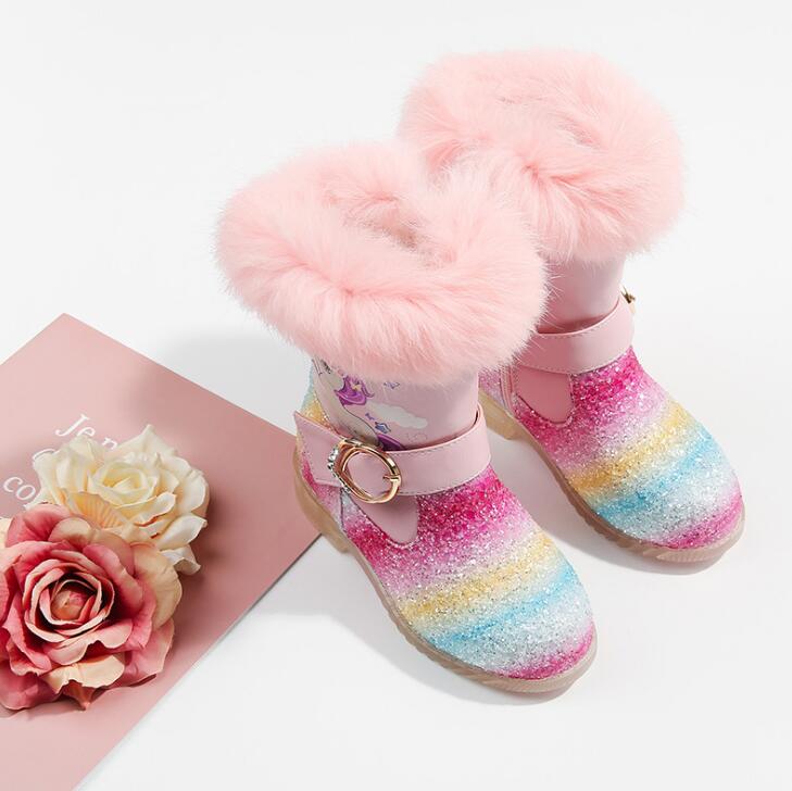 Fashion Girls Snow Boots With Sequins Waterproof Pu Leather Princess Rainbow Unicorn Plush Boots Winter Kids Cartoon Shoes