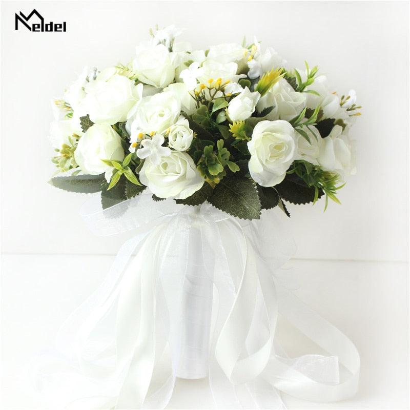 Meldel New Purple White Wedding Bouquet Handmade Artificial Flower Rose Buque Casamento Bridal Bouquet for Wedding Decorations