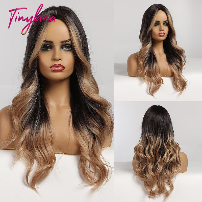 TINY LANA Synthetic Long Ombre Wavy Wigs Brown Blonde Middle Part Cosplay Wigs with Bangs For Women Long Hair Wigs Fake Hair