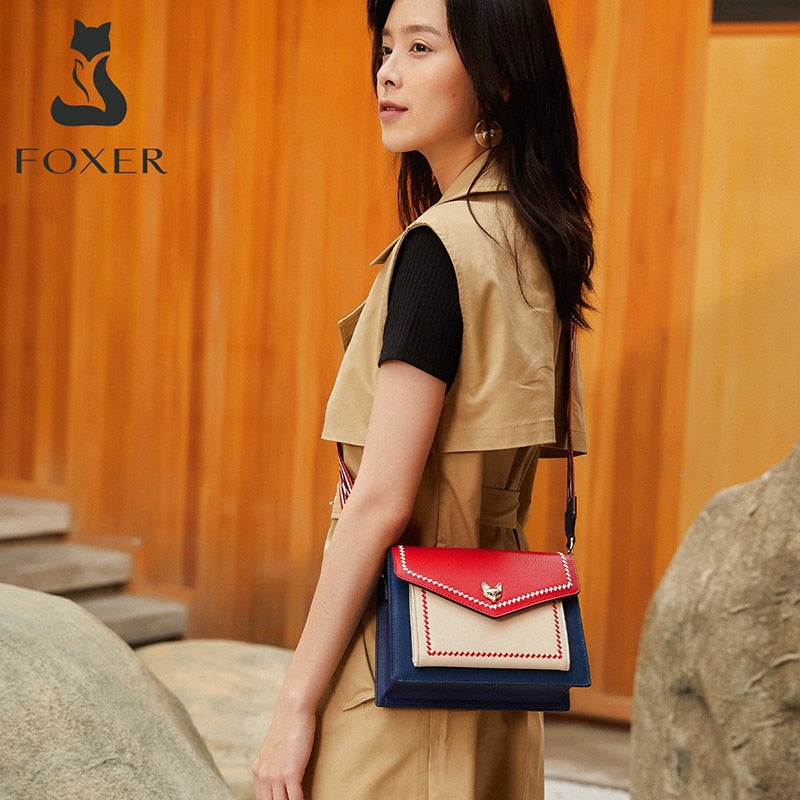 Marca FOXER, bandolera de mensajero para mujer, bolso de hombro de diseñador con solapa con paneles coloridos para mujer, bolso pequeño de cuero dividido para mujer