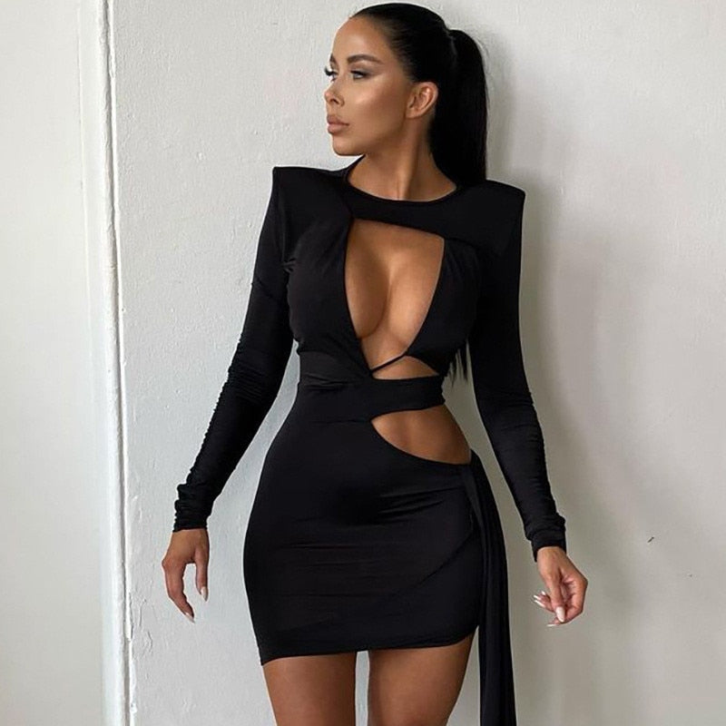 CNYISHE Black Sexy Cut Out Bodycon Dresses Women Bandage Long Sleeve Elegant Party Bodycon Midnight Dress Vestido Baddie Clothes