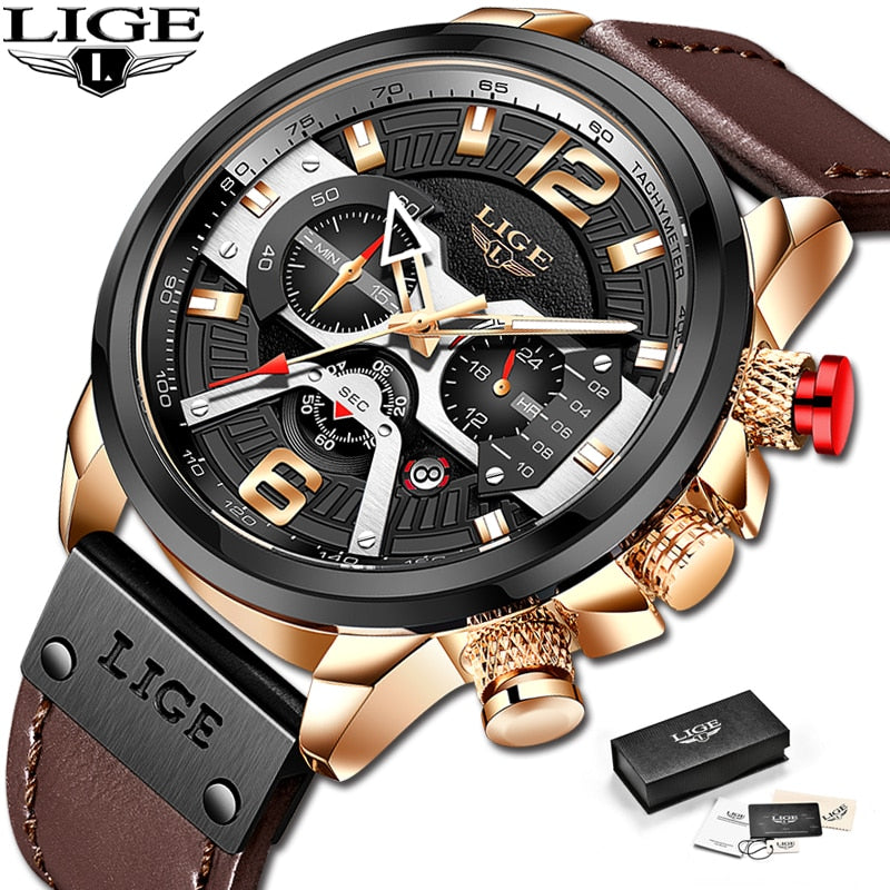 2022 New Mens Watches LIGE Top Brand Leather Chronograph Waterproof Sport Automatic Date Quartz Watch For Men Relogio Masculino