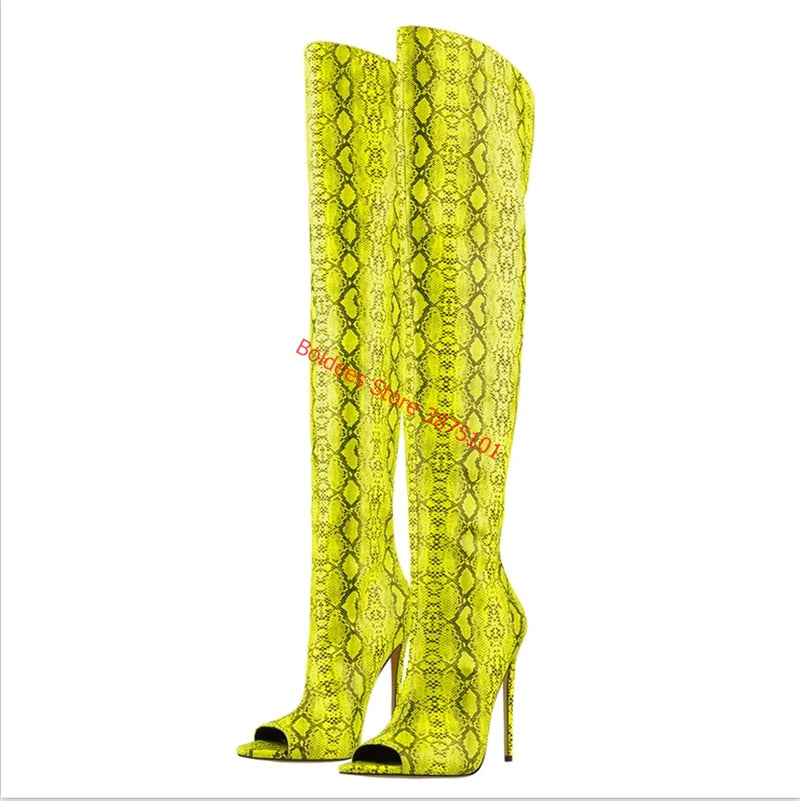 Women's Over The Knee Boots Yellow Snake Peep Toe Spring Boots Skin Print Pattern Stiletto Fashion Party High Boots