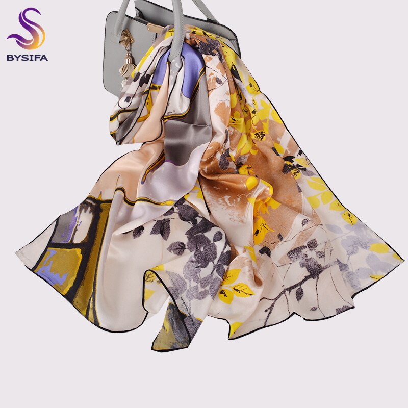 [BYSIFA] nueva bufanda de seda pura de lujo para mujer, bufandas largas de primavera y otoño para mujer, bufanda de cuello de seda de 100% de marca, Foulard 175*52cm