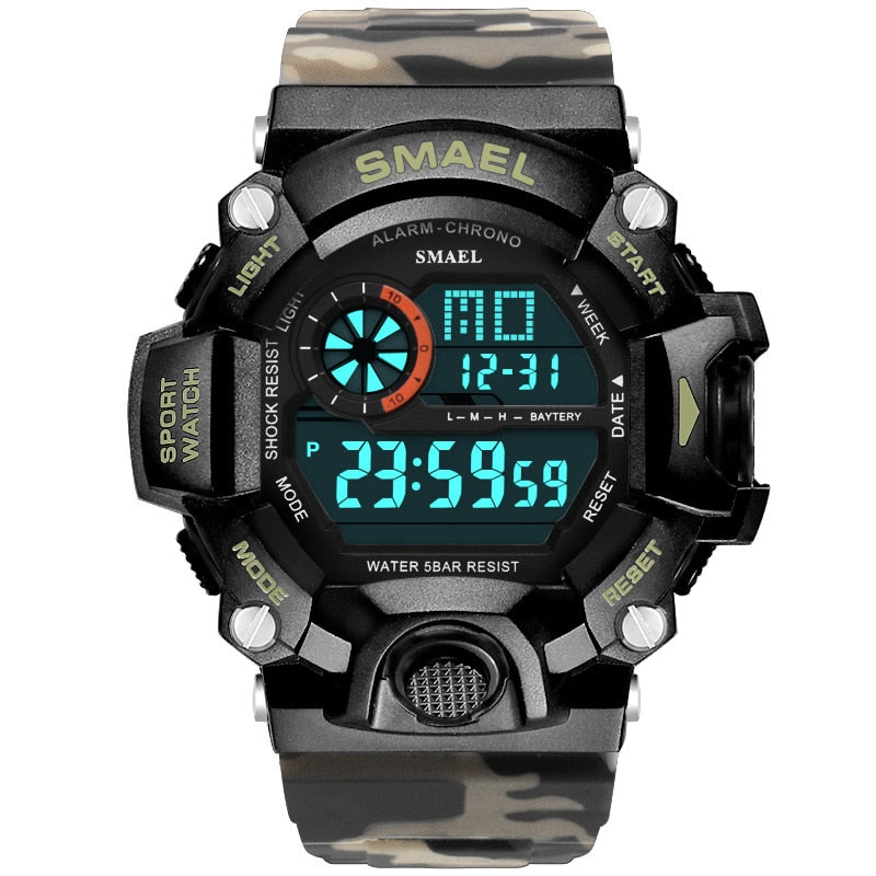 Herrenuhr 50m Wasserdicht SMAEL Luxusuhr Herren LED Leuchtende Uhren Camouflage Uhrenarmband 1385C Digitale Armbanduhren Militär