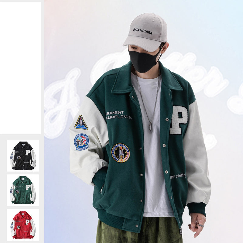 2020 College Style Hot Einreiher Gespleißt Brief Marke Kleidung Bomberjacke Männer Lose Baseballuniform Weibliche Wintermantel