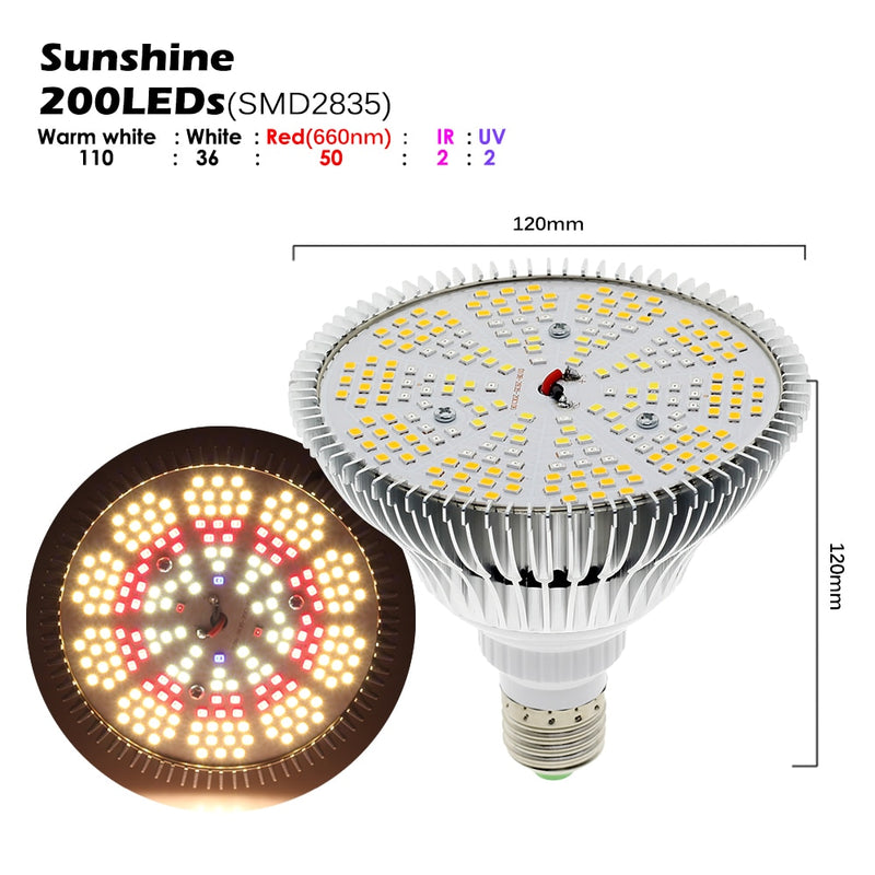 Luz LED de cultivo 150Leds 200Leds Full Spectrum Sunlike E27 Bombilla LED de crecimiento para hidroponía de interior Flores Plantas Lámpara de crecimiento LED