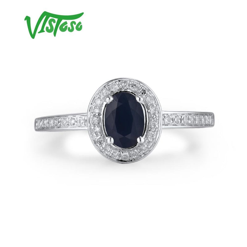 VISTOSO 14K White Gold Rings For Women Genuine Sparkling Diamond Fancy Blue Sapphire Engagement Anniversary Unique Fine Jewelry