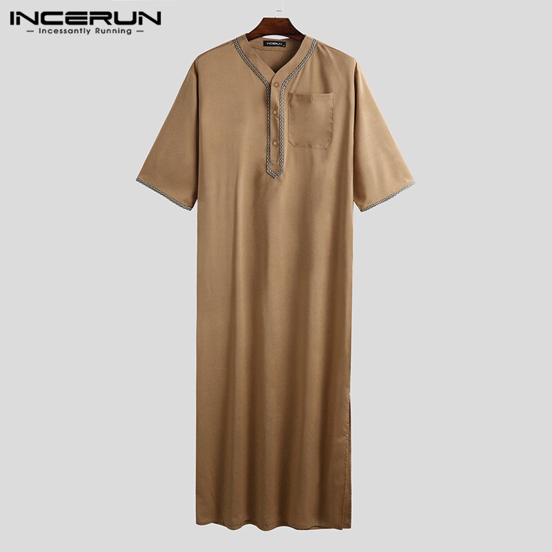 INCERUN Men Islamic Muslim Kaftan Half Sleeve Solid Color V Neck Vintage Robes Casual Dubai Saudi Arabia Men Jubba Thobe S-5XL