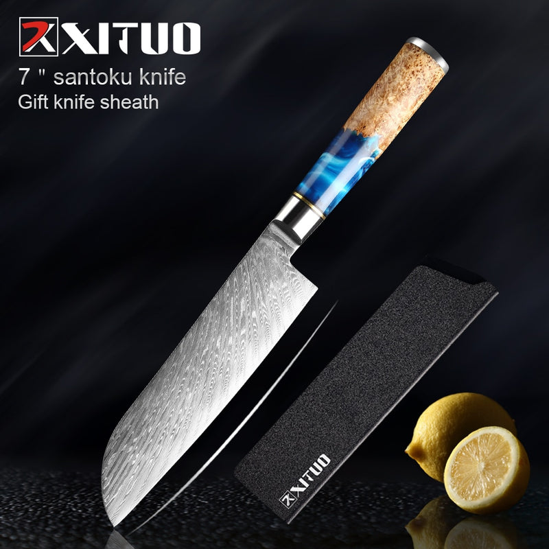 XITUO Kitchen Knives-Set Damascus Steel Chef Knife Cleaver Paring Utility Bread Knife Cooking Tool Blue Resin Handle 1-6Pcs/Set