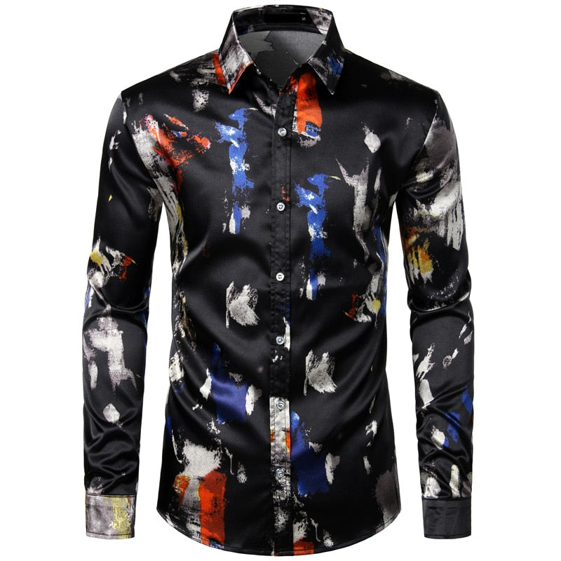 Feather Printed Silk Shirt Men Satin Smooth Men Long Sleeve Casual Party Button Down Men Designer Shirts for Men Camisas Hombre