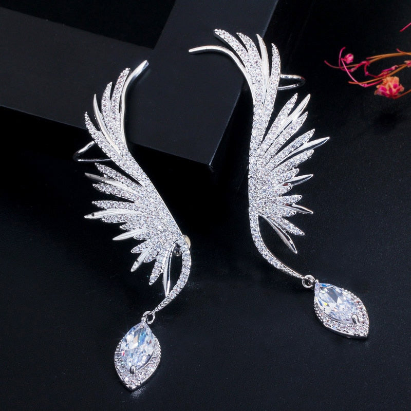 CWWZircons Luxury Full Cubic Zirconia Pave Popular Big Long Drop Feather Wing Ear Cuff Earrings for Women CZ625