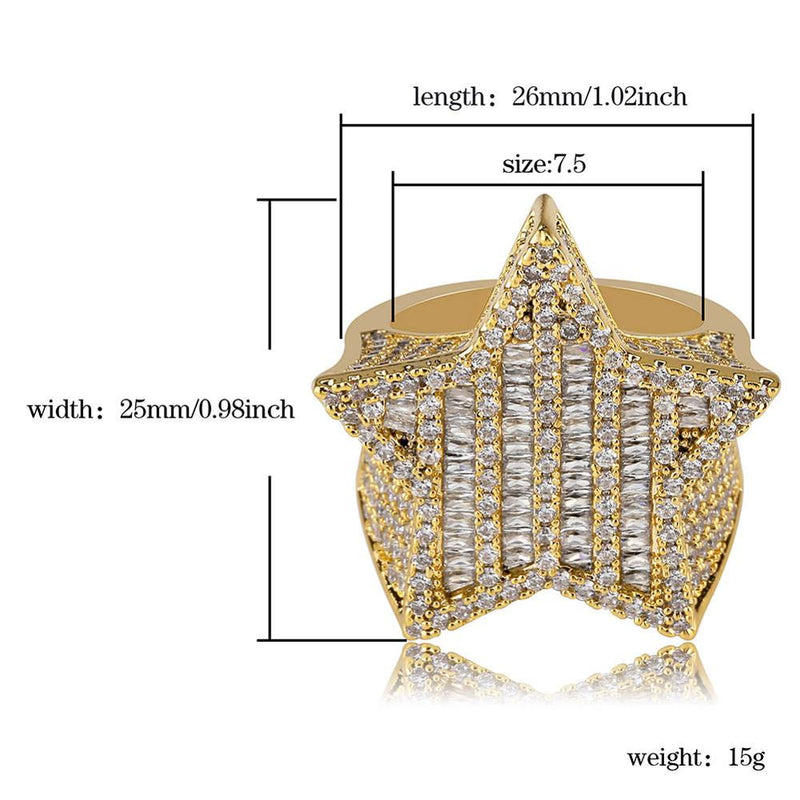 JINAO New Design Gold  Color Five-pointed Star Ring Micro Paved Big  Zircon Shiny Hip Hop Finger Ring for Men Women Gift