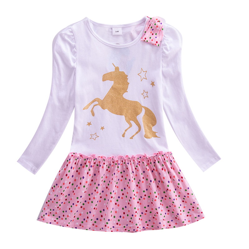 Girls Long Sleeve Star Embroidered Dress Girls Autumn New Style Two Pocket Rainbow Striped Sleeve Cotton Dress LH5809