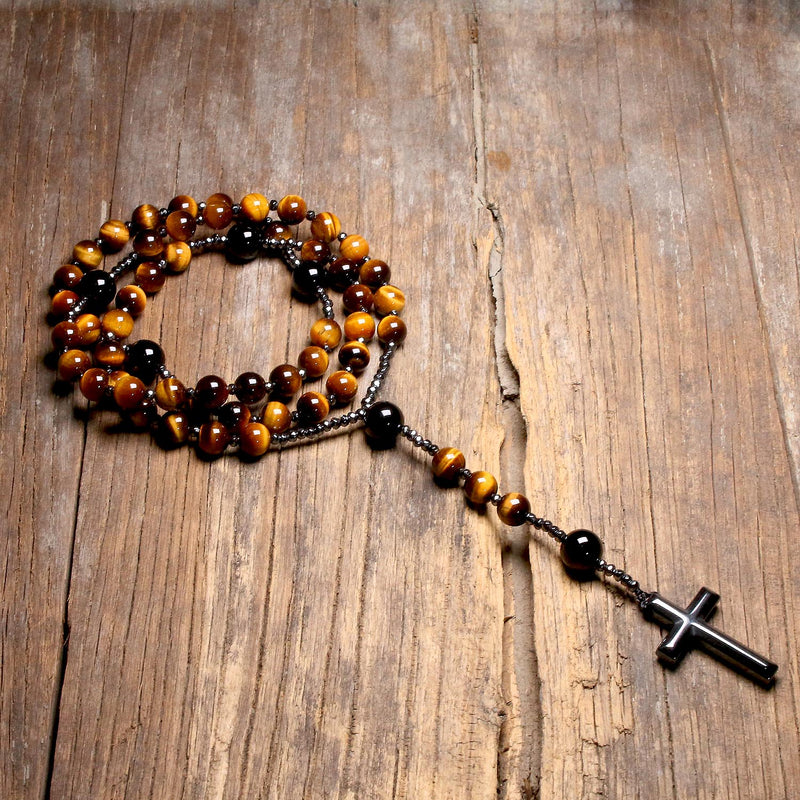 Natural Tiger Eye Stone Catholic Christ Rosary Necklaces For Women Men Hematite Cross Pendant Mala Jewelry