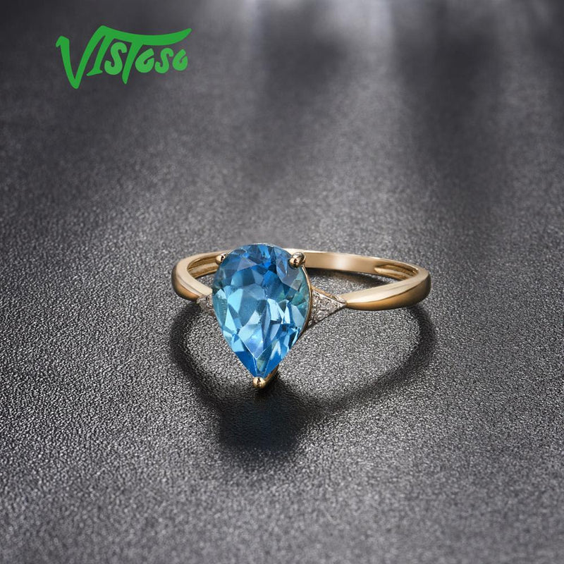 VISTOSO Pure14K 585 Yellow Gold Ring For Women Sparkling Diamond Limpid Blue Topaz Anniversary Classic Fine Jewelry