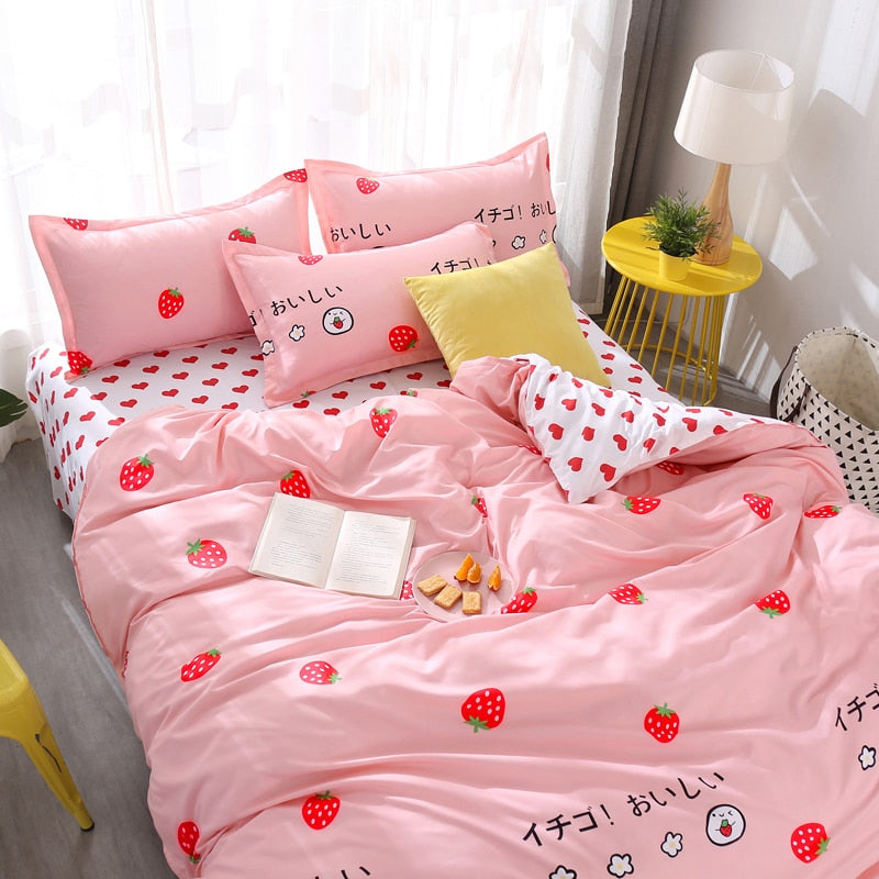 3/4pcs Bedding Set Pink Strawberry Fashion Bed Sheets Queen Size Luxury Bedding Set bed Sheet Sets Duvet Cover Set King Size