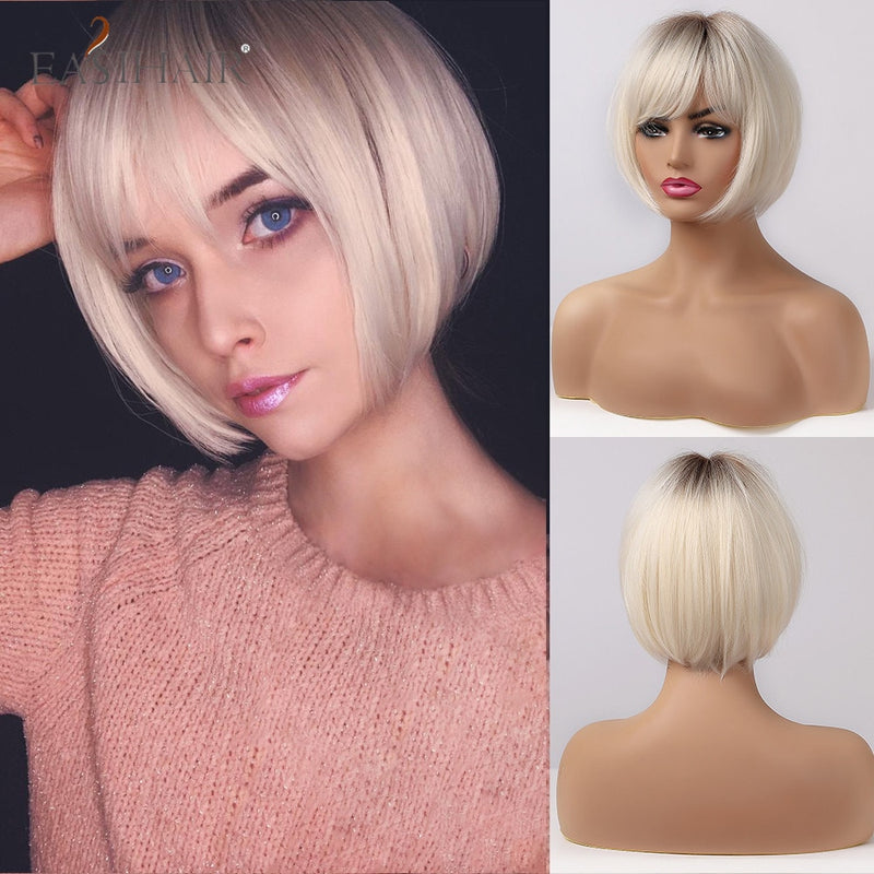 EASIHAIR Dark Brown Short BoBo Wigs with Bangs Heat Resistant Synthetic Hair Wigs Cosplay Lolita Female Wigs for Women