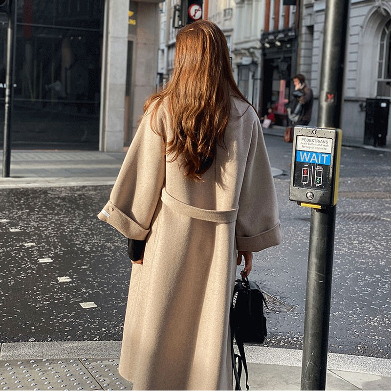 Abrigo de mezcla de Cachemira de doble cara de manga larga a la moda para mujer con solapa elegante de temperamento informal holgado francés para otoño e invierno