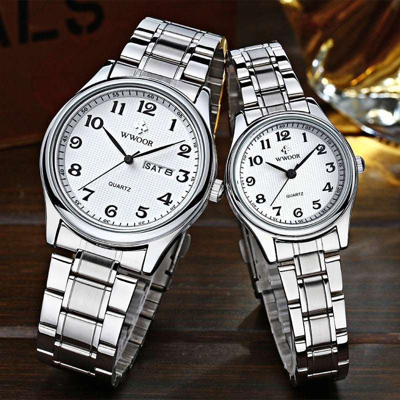 WWOOR Fashion Lovers Watches For Men Women Waterproof Arabic Clock Silver Stainless Steel Couple Casual Ladies Quartz Wristwatch