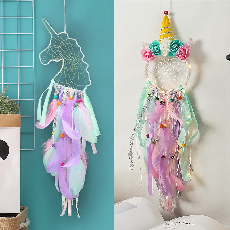 Atrapasueños niños unicornio atrapasueños pluma decoración de pared para niñas dormitorio flor colgante de pared decoración flor