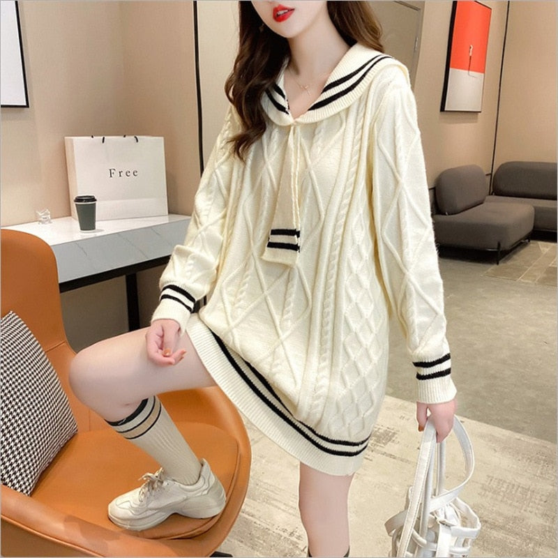 Mid-length Sweater 2022 New Women Loose Outer Wear Navy Style Korean Style Western Style Autumn Knitted Dress Trend