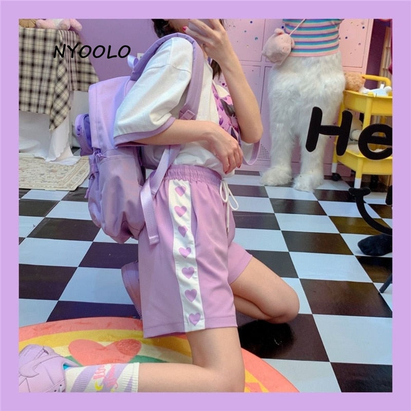 NYOOLO Harajuku-Stil Liebe Herzdruck Patchwork hohe Taille Shorts Frauen 2020 Sommer elastische Taille Kordelzug süße Mädchen Shorts