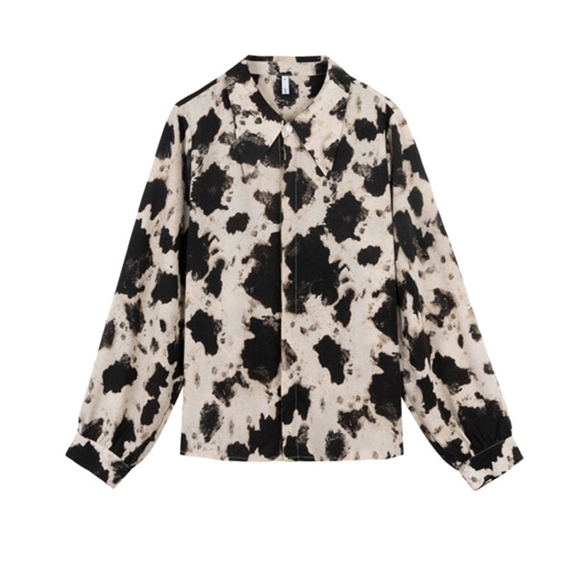 Cow Print Button Up Shirts Women Long Sleeve Blouse Korean Fashion Clothes Chiffon Streetwear Plus Size Tops Spring New 13486