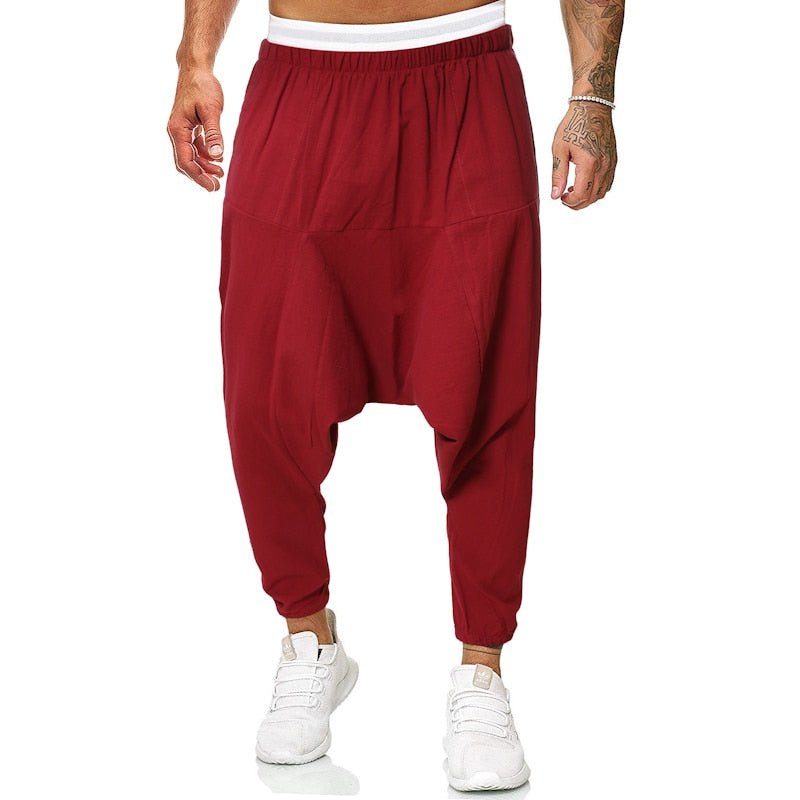 2022 pantalones cruzados de lino para hombre, pantalones bombachos holgados para hombre, pantalones negros sólidos para hombre, joggers de hip hop, ropa de calle para hombre, pantalones de piernas anchas