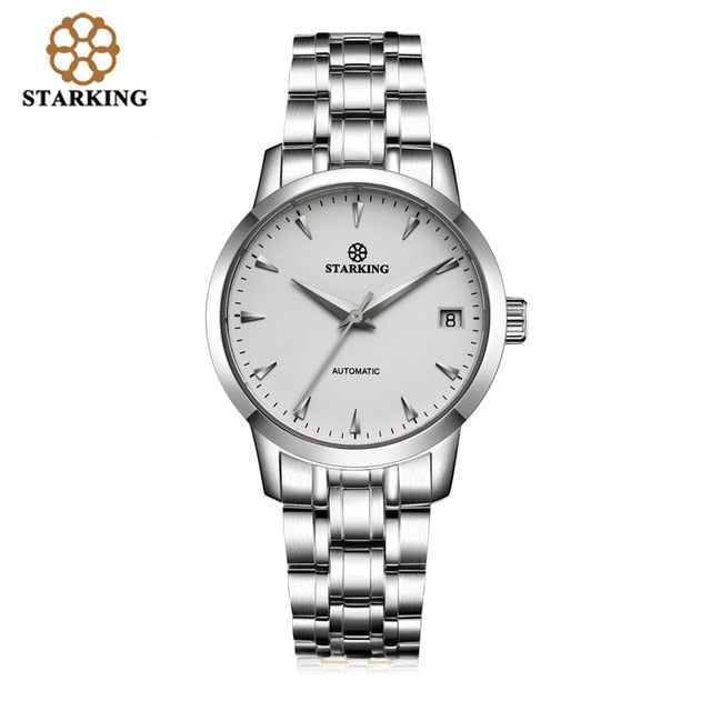 StarKing Classic Damen Einfache Uhr Automatik Edelstahl Weißes Zifferblatt Armbanduhr Auto Datum Damen Mechanische Relogio Feminino