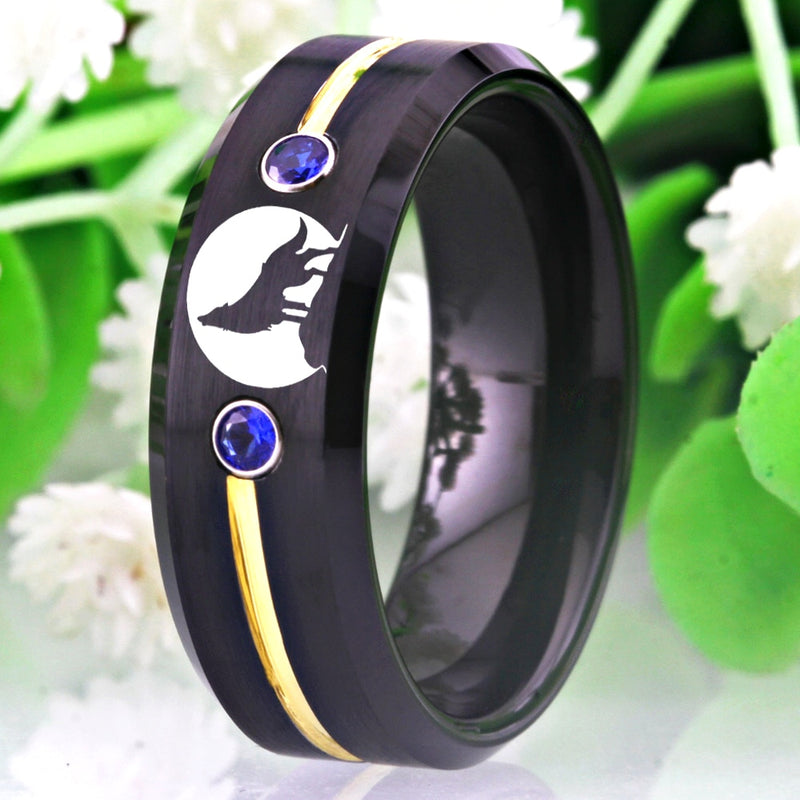 Tungsten Wolf Rings For Men Lone Wolf Howling Moon Ring Men&