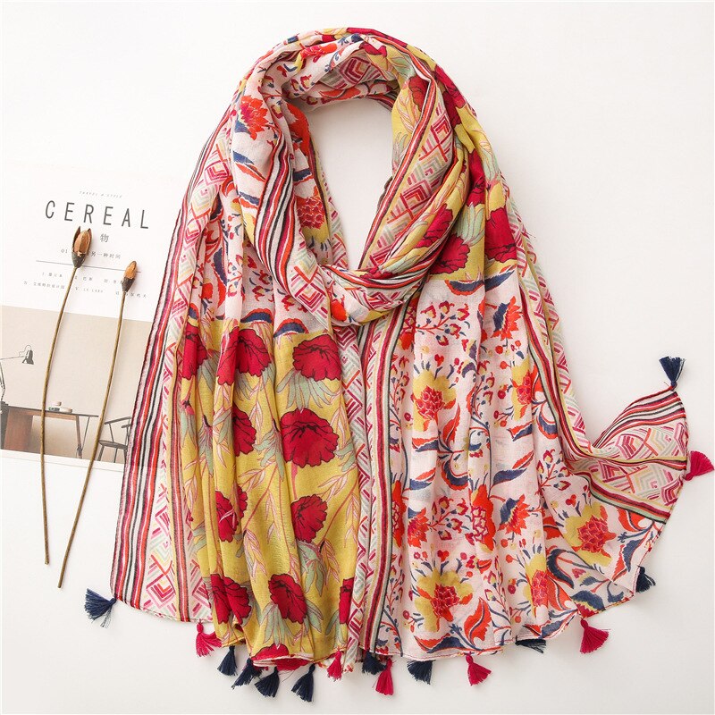 2020 fashion spring summer geometry printing cotton scarf with tassel fashion wraps shawls sunscreen beach hijabs wholesale