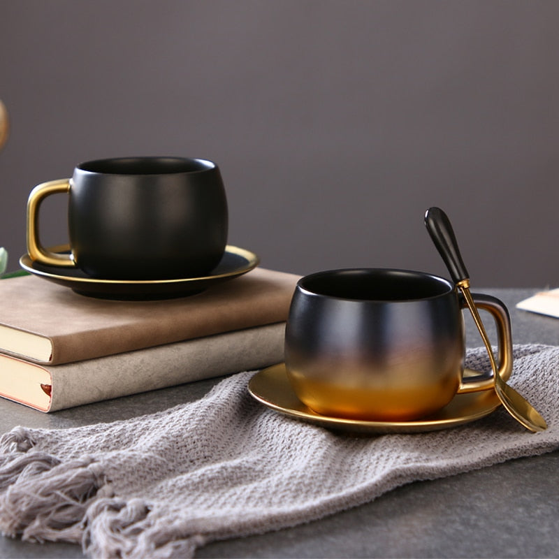 Luxury Black Gold Ceramic Coffee Cup Espresso Coffee Tea Breakfast Milk Cup And Saucer Set With Spoon And Saucer Gift Box Set