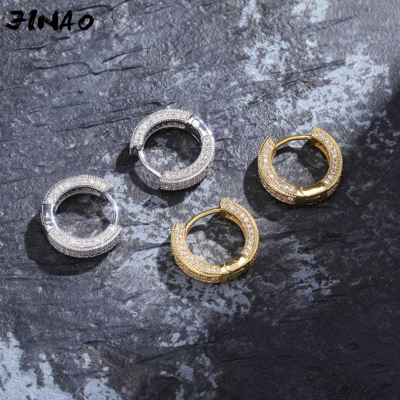 JINAO Gold/Silver Color Plated Iced Out Double row CZ Stone Stud Earring Hip Hop Rock Jewelry Earrings For Male Female Gifts