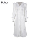 Bclout Elegant Satin Single-Breasted Shirt Dress Fashion Beige Slim V Neck Long Dresses Woman Latern Sleeve Autumn Winter Robe