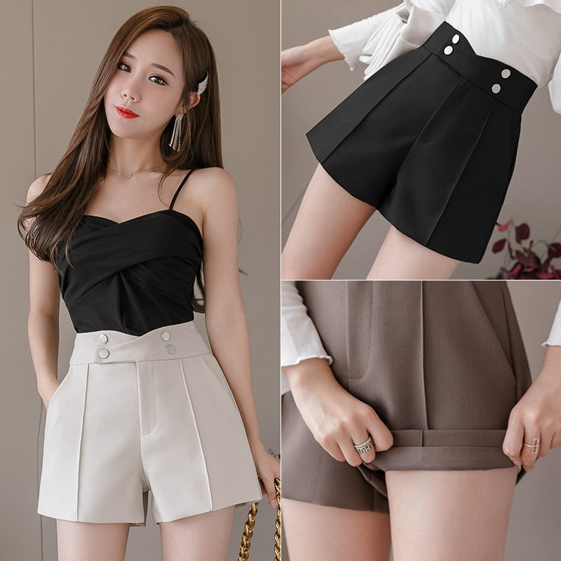 QOERLIN Suits Shorts Women 2022 Summer New High Waist Solid Black Office Work Shorts Ladies Pocket Gray Wide Leg Trouser S-XL