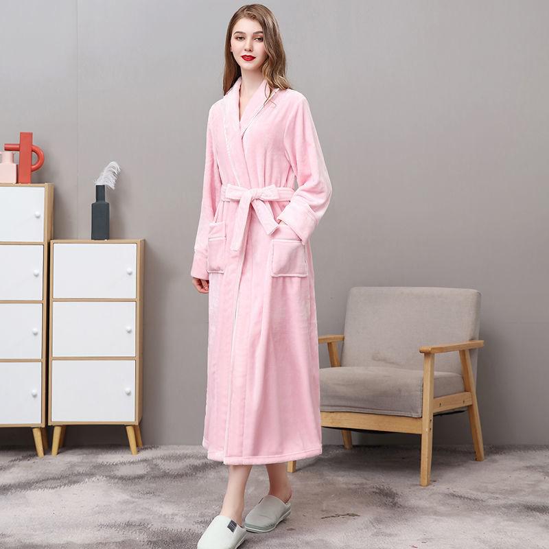 Men Plus Size 3XL Flannel Kimono Bath Gown Ultra Long Large Robe Coral Fleece Nightgown Lovers Couple Thick Warm Sleepwear MR001