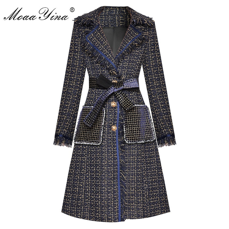 MoaaYina Fashion Designer Woolen cloth Windbreaker Overcoat Autumn Women Single-breasted Tassel Long sleeve Plaid Overcoat