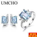 UMCHO 925 Sterling Silver Jewelry Sets for Women Gemstone Sky Blue Topaz Ring Clip Earrings Female Wedding Engagement Jewelry