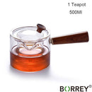 BORREY 500ml Teekanne aus Glas mit Infuser Liner Filter Glasteekocher mit Holzgriff Office Boil Teegeschirr-Set Teekanne Wasserkocher