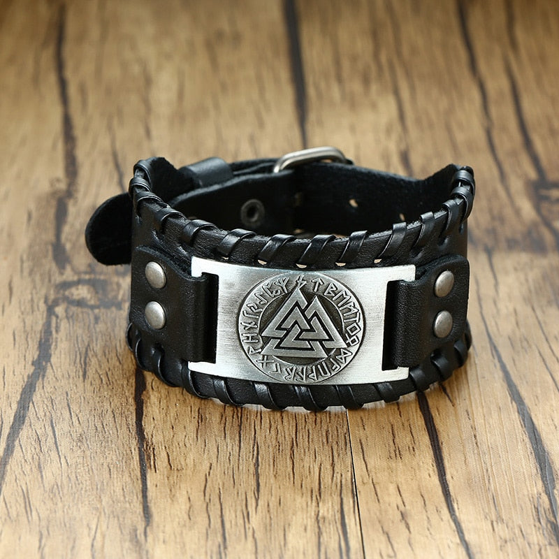 Vnox 26mm Wide Bracelets for Men Viking Icon Nordic Rune Hammer Wristband Black Brown Punk Rock Vintage Jewelry