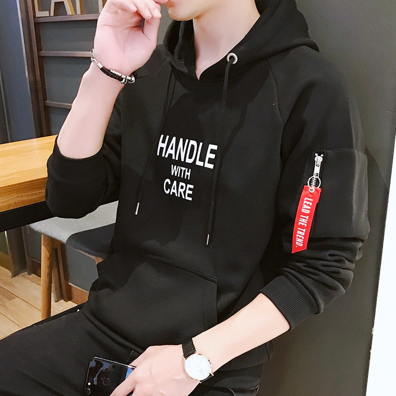 Fashion Men Hoodie Printed HANDLE Korea Hooded Hoodies Male With Side Zipper Pockets Teenage Pullovers Sweatshirts Men Clothing